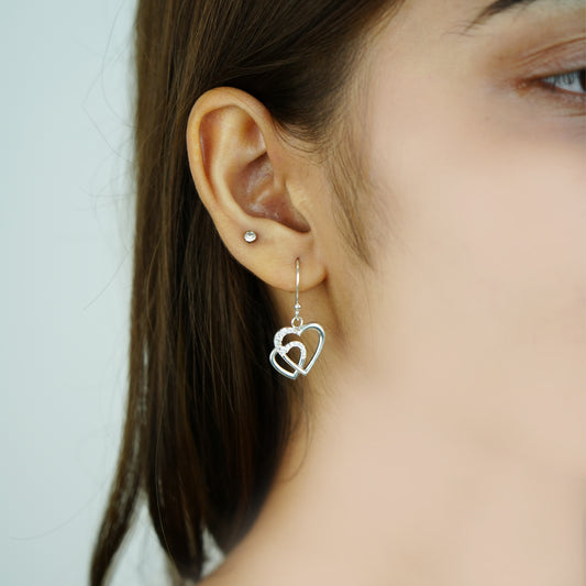 Sterling Silver Double Heart Necklace with Earrings