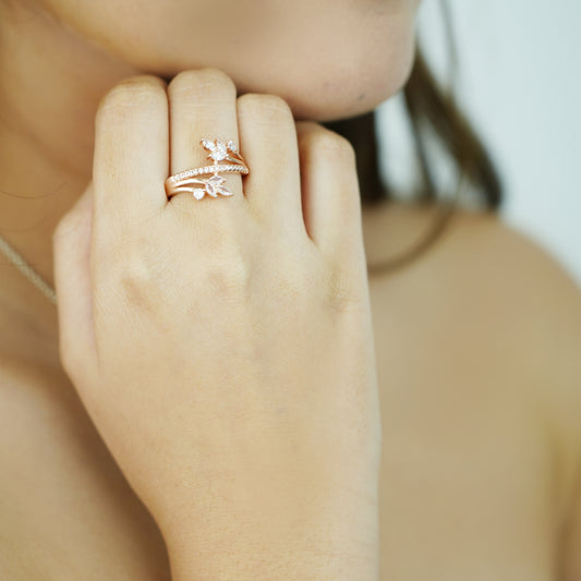 Rose Gold Blossom Elegance Silver Ring