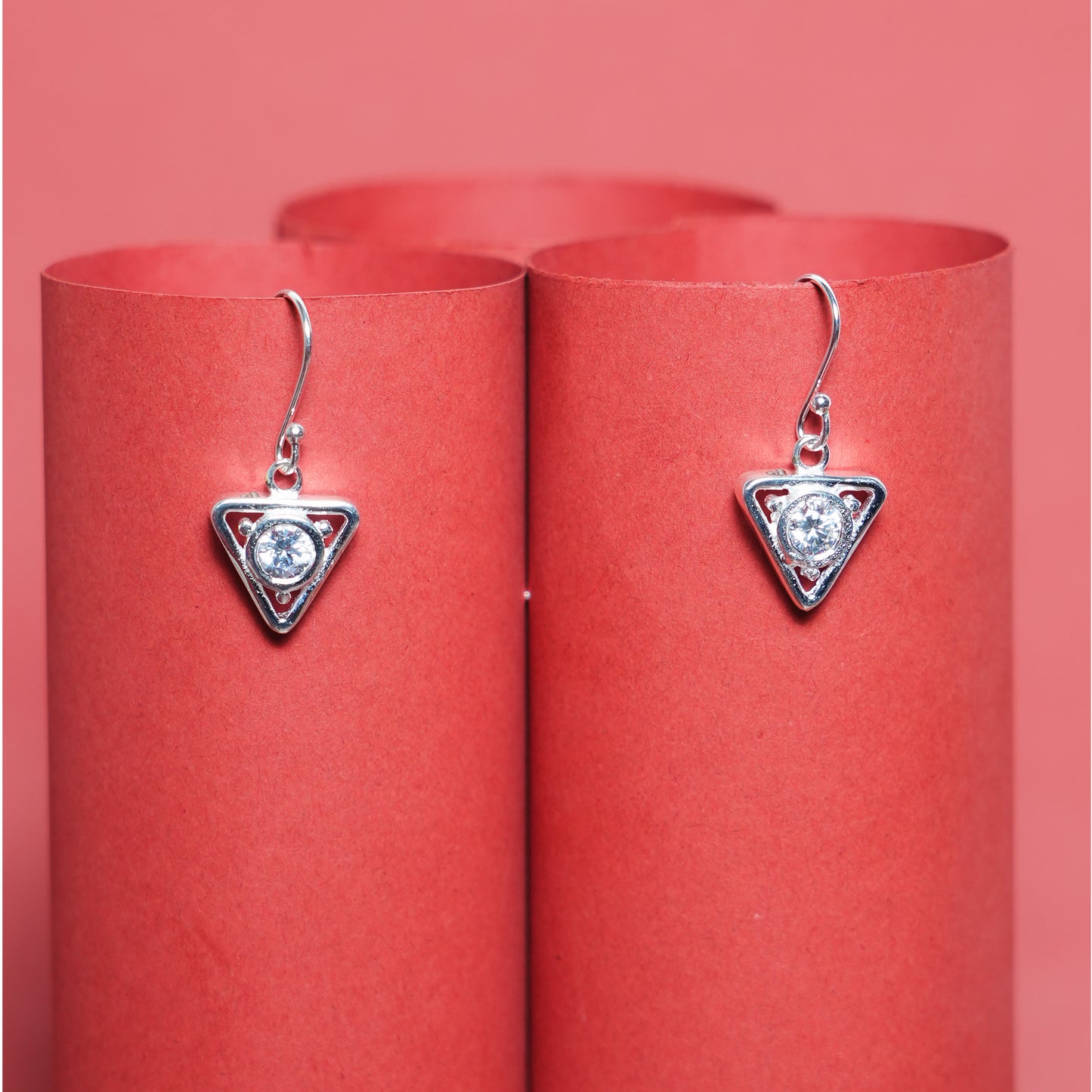 Trilux Charm” – 925 Sterling Silver Triangle Drop Earrings